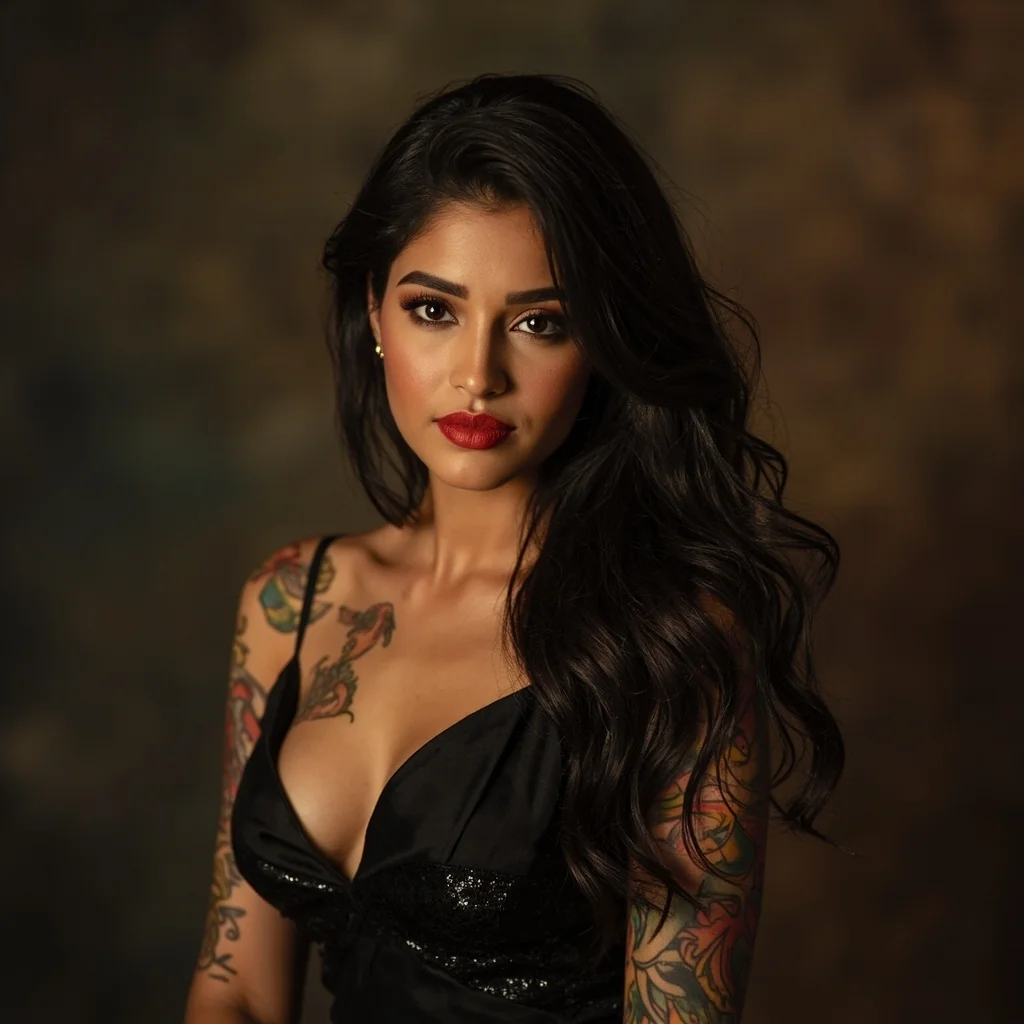 Retrato de Itzel Carranza con tatuajes a color en hombros y brazos