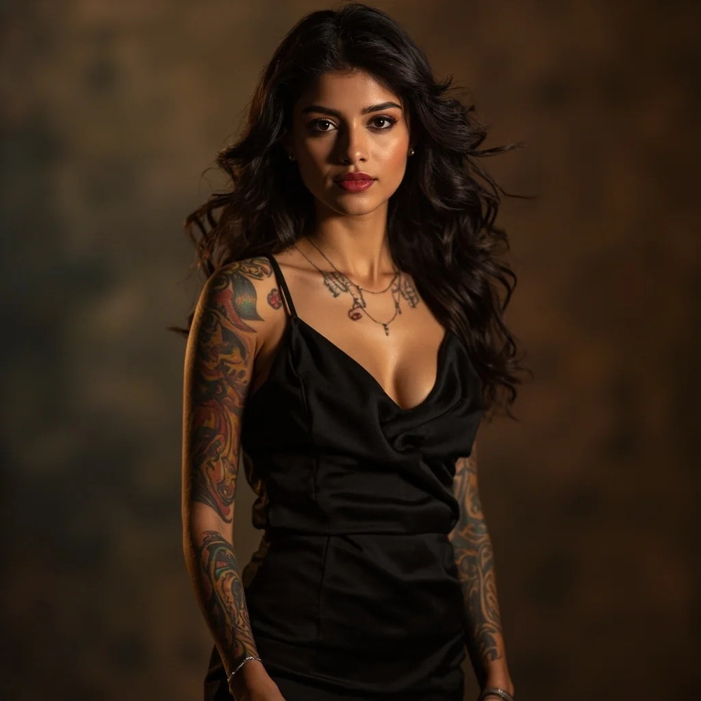 Itzel Carranza de pie, con la manga a color y el collar tatuado en el pecho