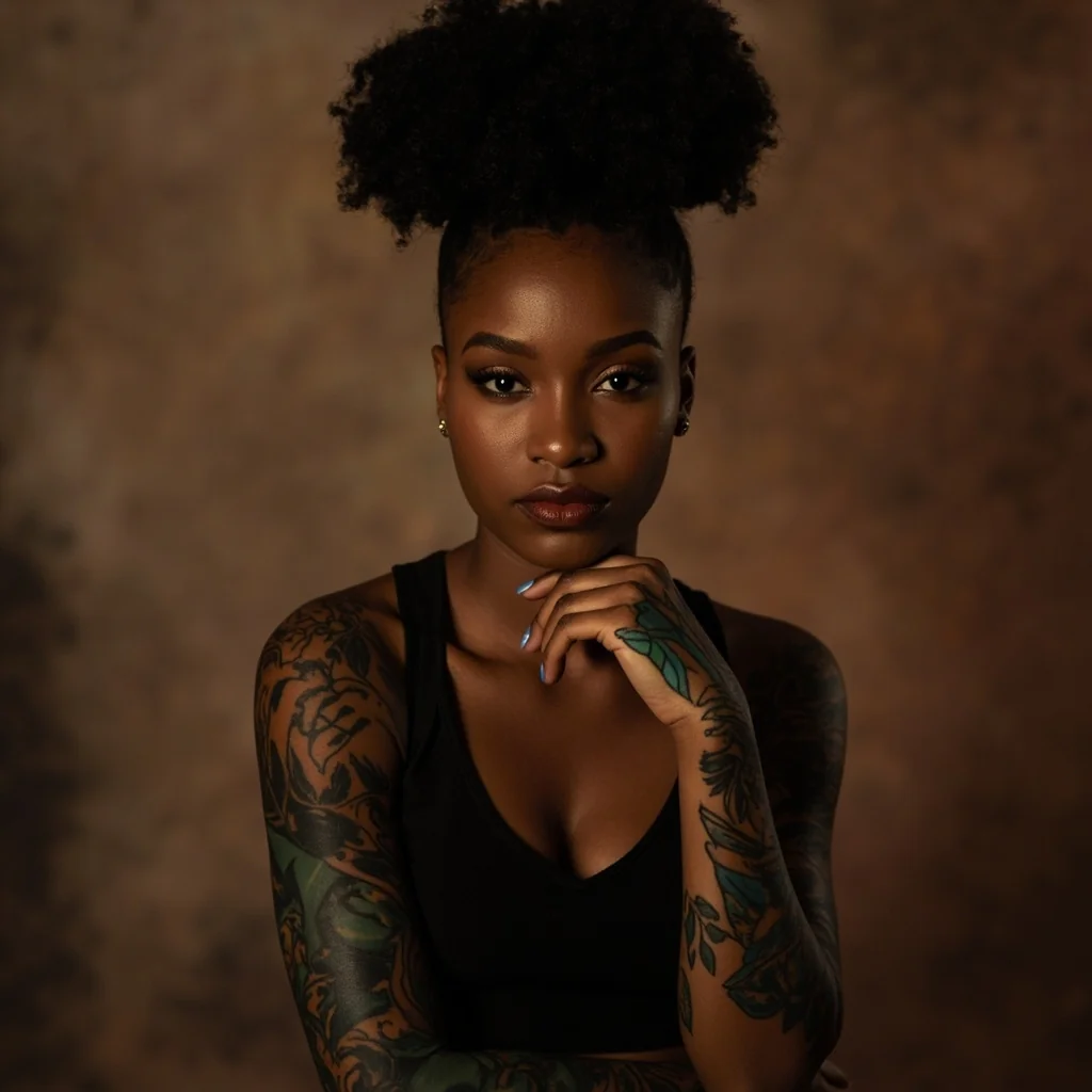 Retrato de Yamaris Andújar con la mano tatuada bajo el mentón